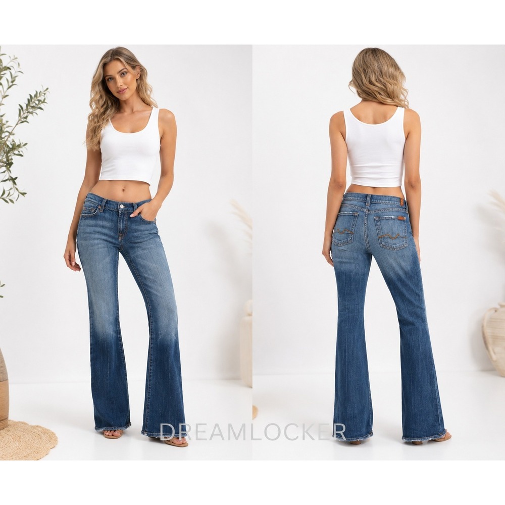 7 For All Mankind Jeans Womens 28 Blue Ombre Distressed Flare Low Rise Stretch